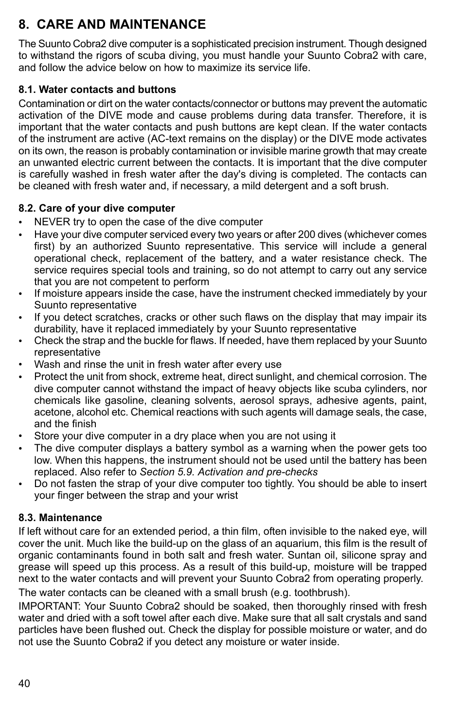 Care and maintenance, Water contacts and buttons, Care of your dive computer | Maintenance, 40 8.2. care of your dive computer, 40 8.3. maintenance | SUUNTO Cobra2 User Manual | Page 40 / 56