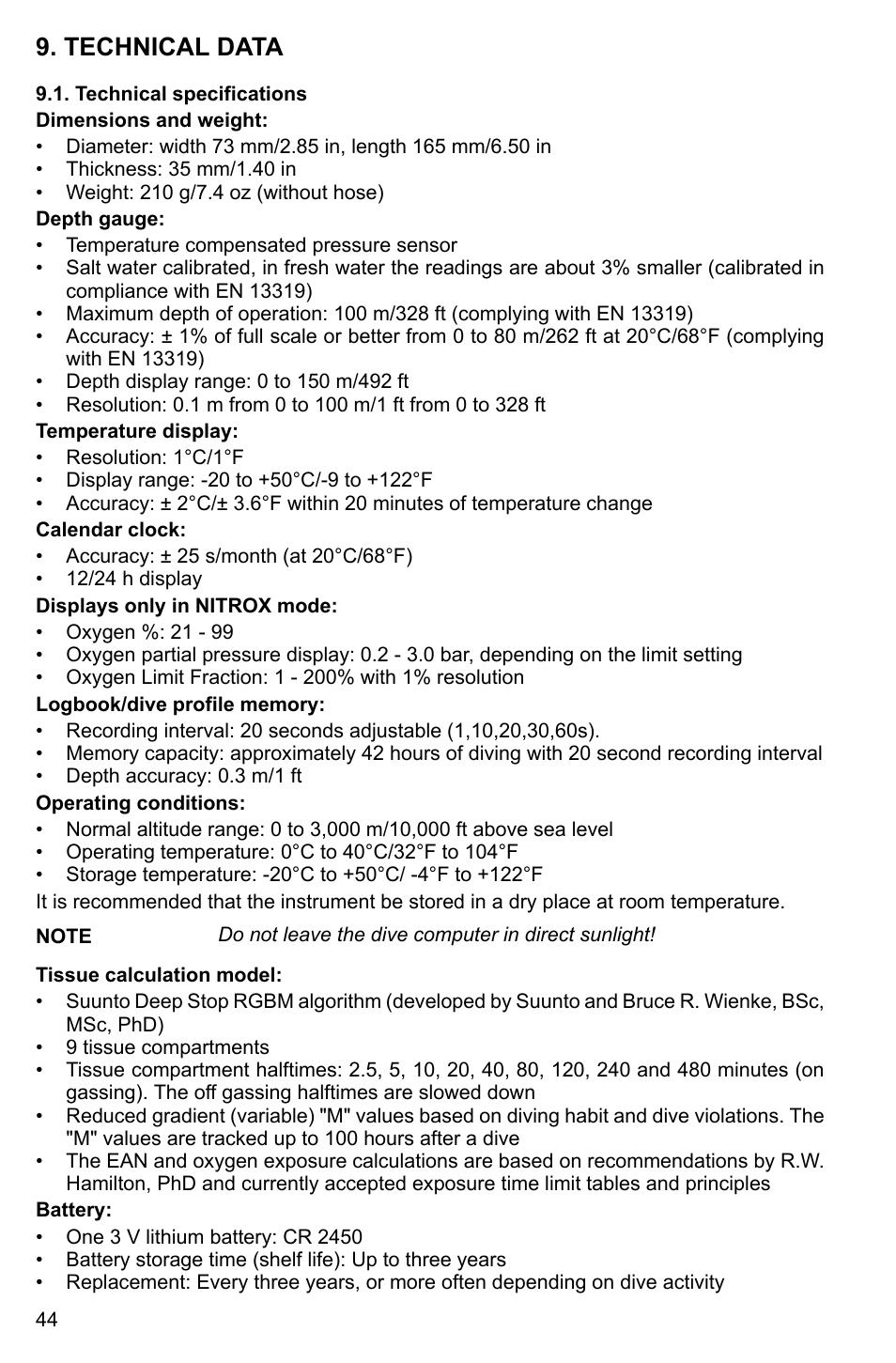 Technical data, Technical specifications | SUUNTO Cobra2 User Manual | Page 44 / 56
