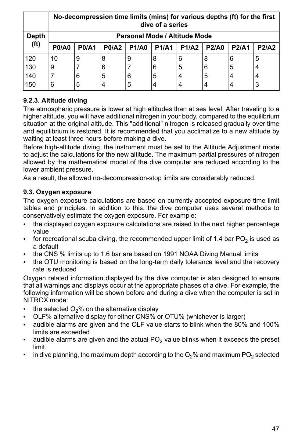 Altitude diving, Oxygen exposure | SUUNTO Cobra2 User Manual | Page 47 / 56
