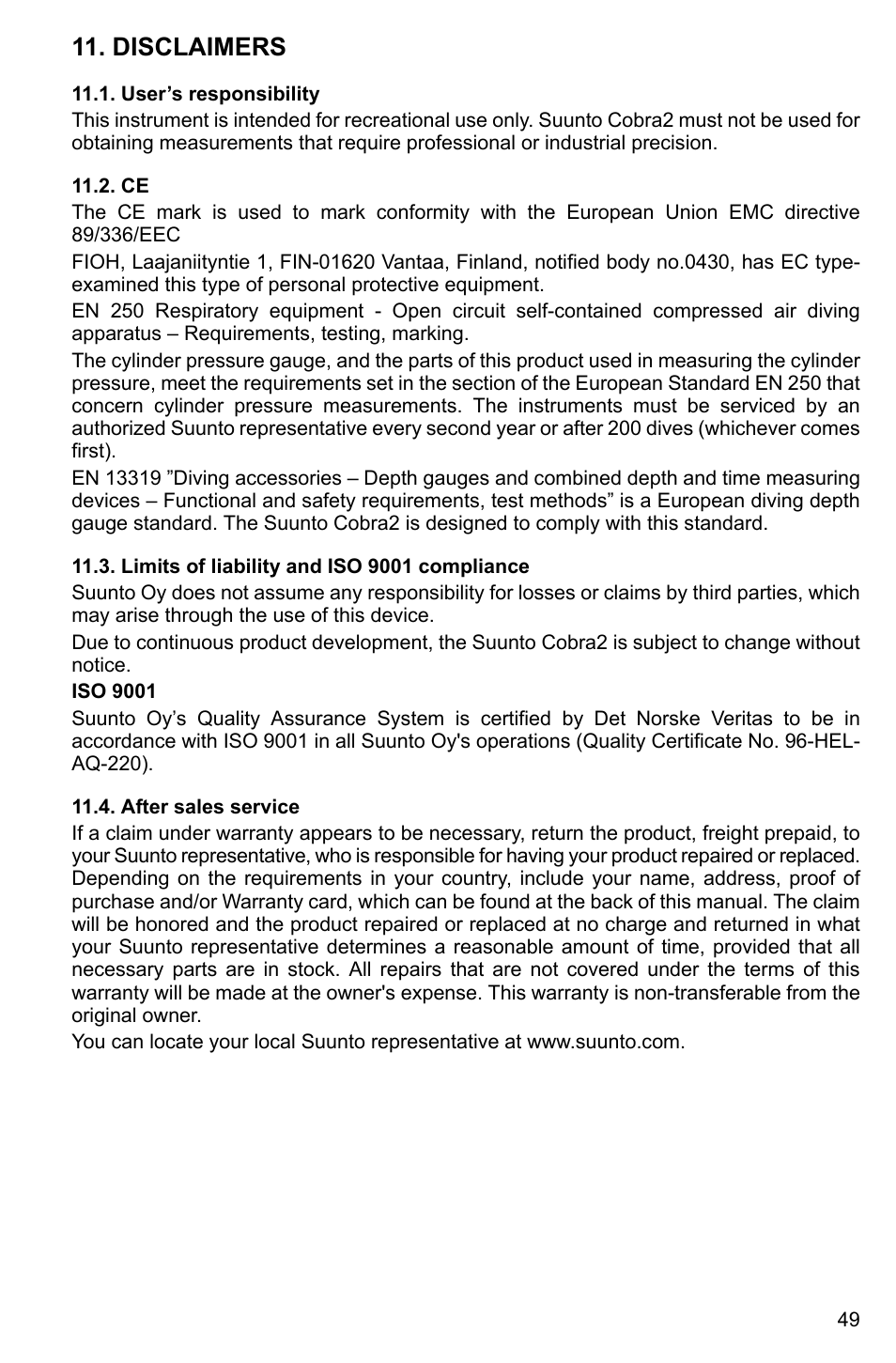 Disclaimers, User’s responsibility, Limits of liability and iso 9001 compliance | After sales service, 49 11.2. ce, 49 11.4. after sales service | SUUNTO Cobra2 User Manual | Page 49 / 56