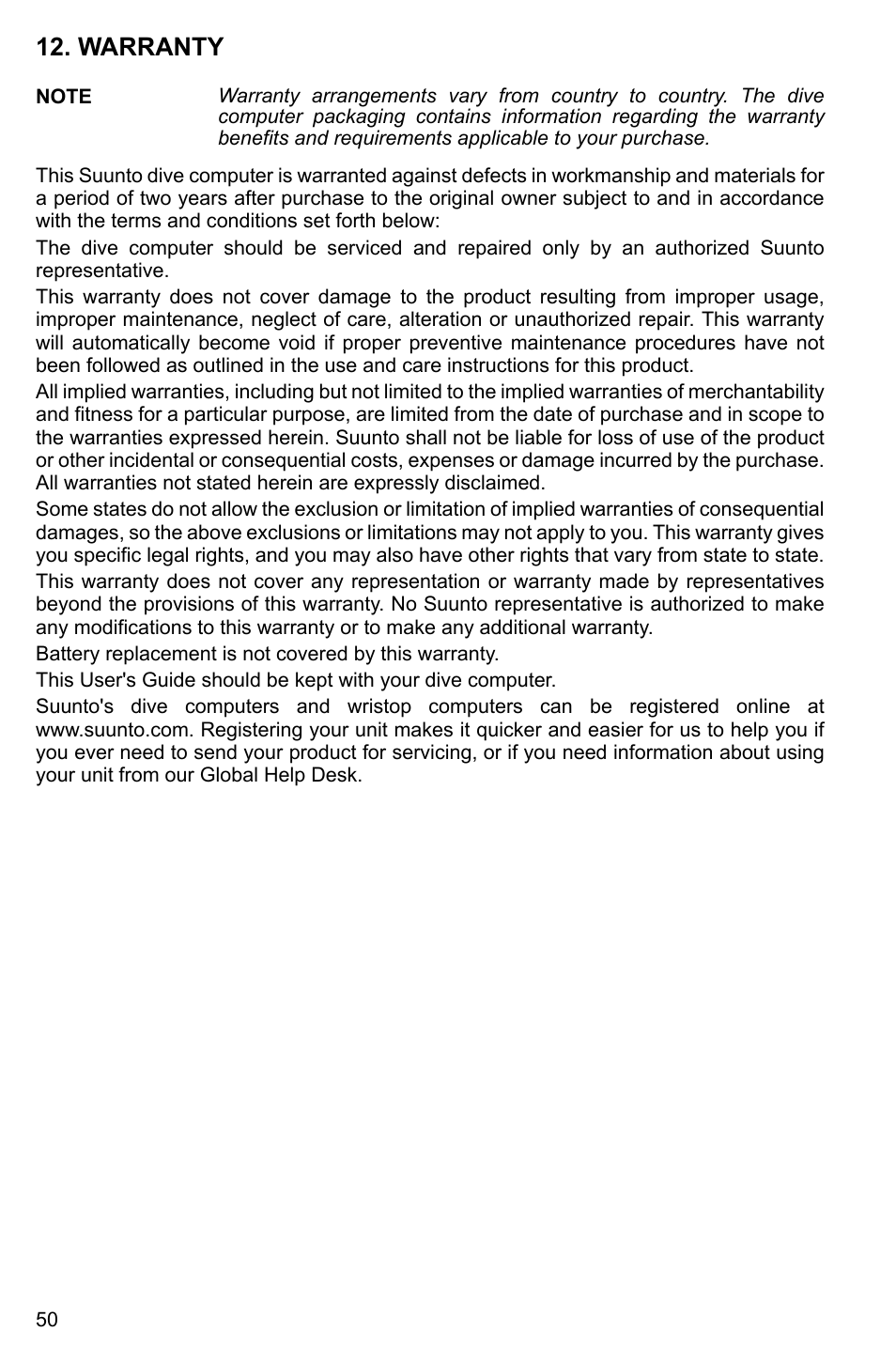 Warranty | SUUNTO Cobra2 User Manual | Page 50 / 56