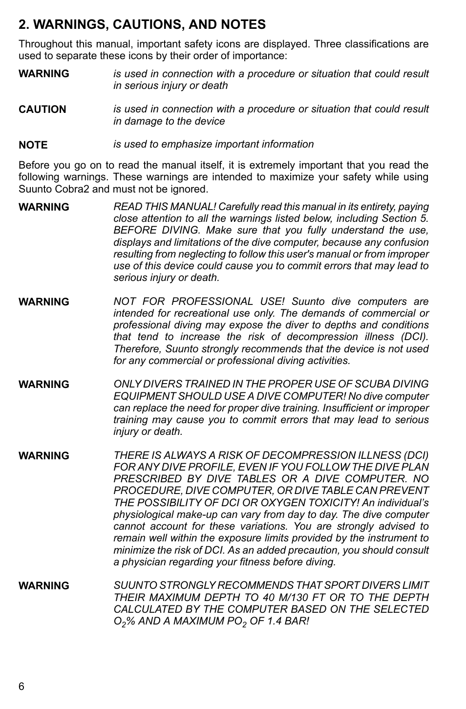 Warnings, cautions, and notes | SUUNTO Cobra2 User Manual | Page 6 / 56