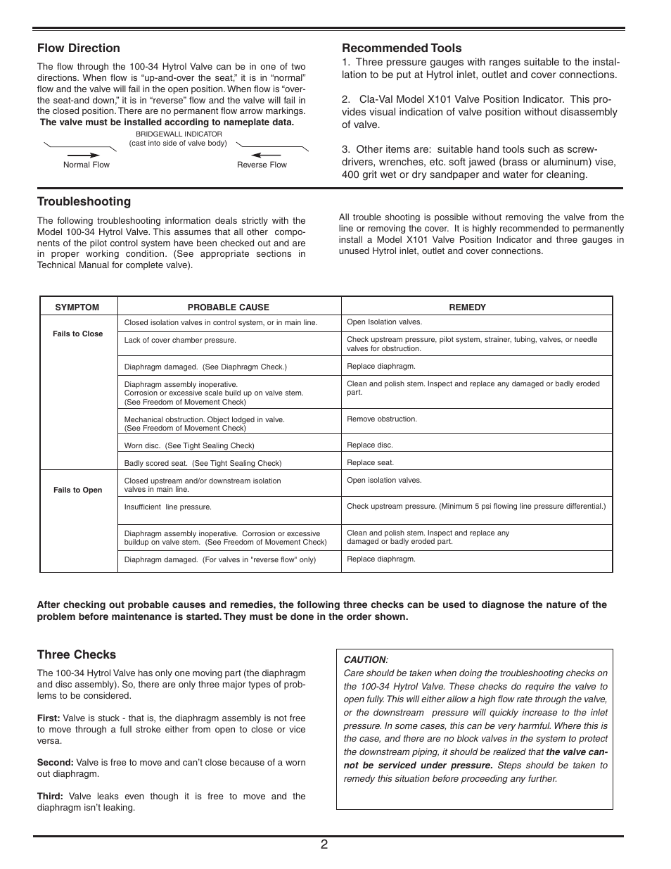 Flow direction, Troubleshooting, Three checks | Recommended tools | Cla-Val 100-34 User Manual | Page 2 / 6