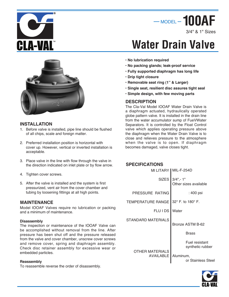 Cla-Val 100AF User Manual | 2 pages