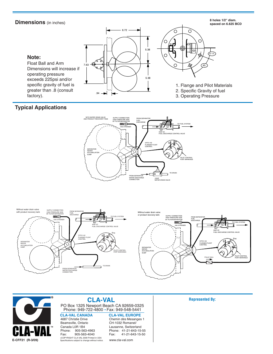 Cla-val, Dimensions, Typical applications | Represented by, Cla-val canada cla-val europe | Cla-Val CFF21 User Manual | Page 2 / 2