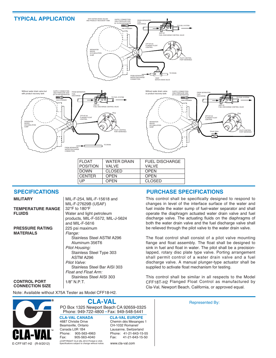 Cla-val, Specifications purchase specifications, Typical application | Cla-Val E-CFF18T-H2 User Manual | Page 2 / 2