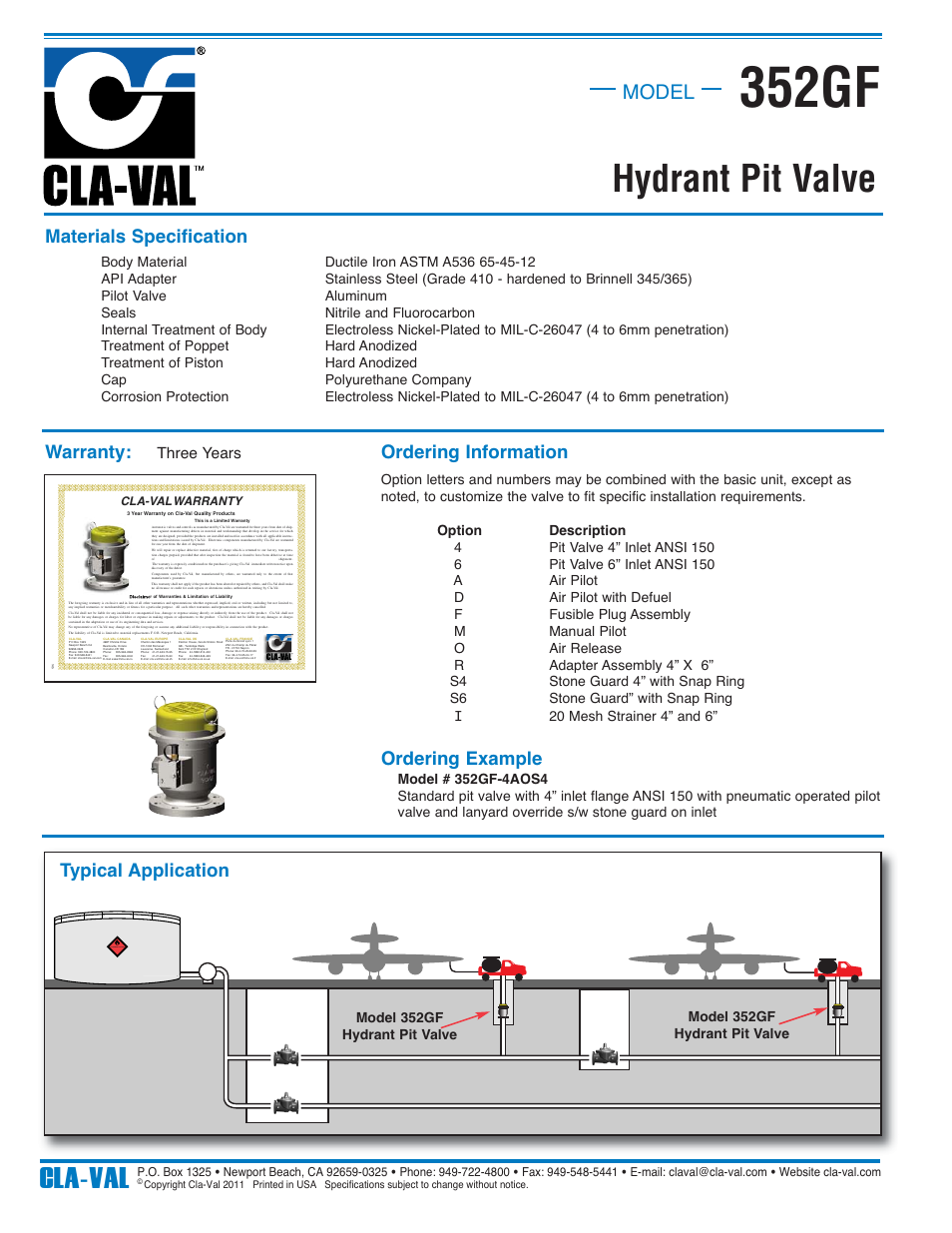 352gf, Hydrant pit valve, Cla-val | Model, Materials specification, Warranty, Ordering information, Ordering example, Typical application | Cla-Val 352GF User Manual | Page 2 / 2
