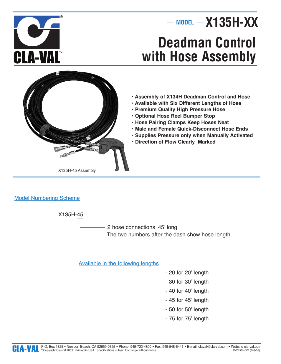 Deadman control with hose assembly, X135h-xx, Cla-val | Cla-Val X130A User Manual | Page 2 / 2