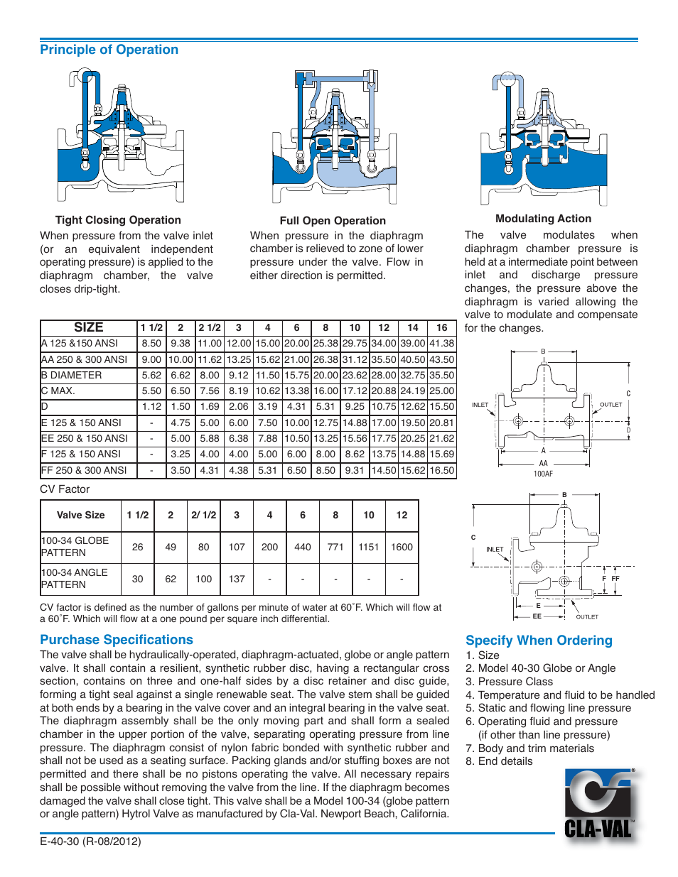 Principle of operation, Size, Purchase specifications | Specify when ordering | Cla-Val 40-30/640-30 User Manual | Page 2 / 2