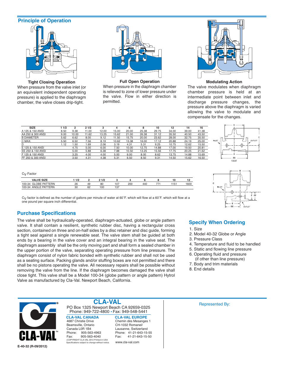 Cla-val, Principle of operation, Specify when ordering | Purchase specifications, Represented by | Cla-Val 40-32 User Manual | Page 2 / 2
