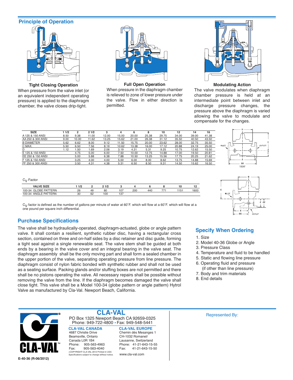 E-40-36_2, Cla-val, Principle of operation | Specify when ordering, Purchase specifications, Represented by | Cla-Val 40-36/640-36 User Manual | Page 2 / 2