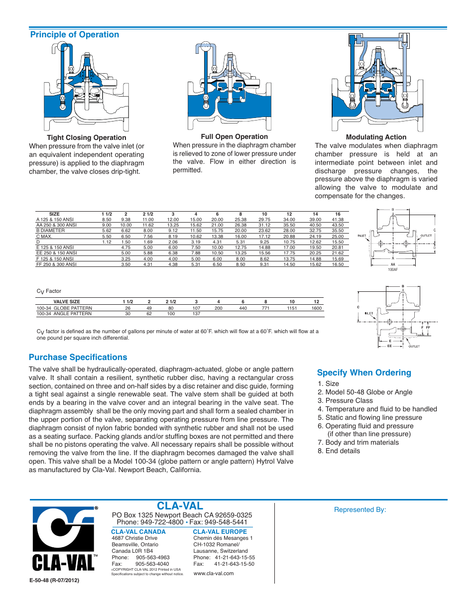 Cla-val, Principle of operation, Specify when ordering | Purchase specifications, Represented by | Cla-Val 50-48/650-48 User Manual | Page 2 / 2