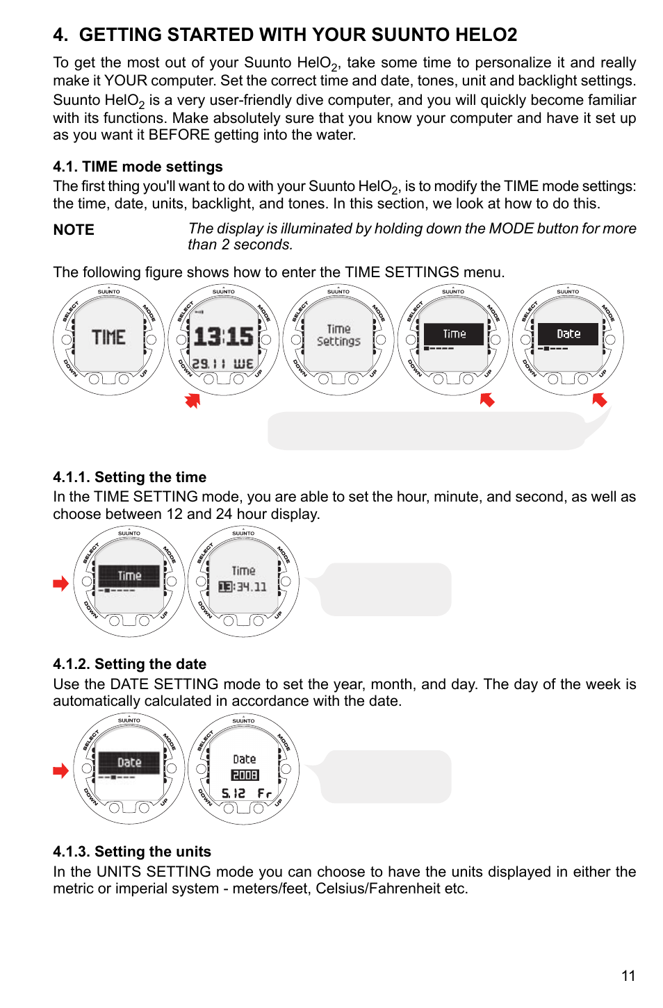 Getting started with your suunto helo2, Time mode settings, Setting the time | Setting the date, Setting the units, Getting started with your suunto helo, 11 4.1.2. setting the date, 11 4.1.3. setting the units | SUUNTO HELO2 User Manual | Page 11 / 64
