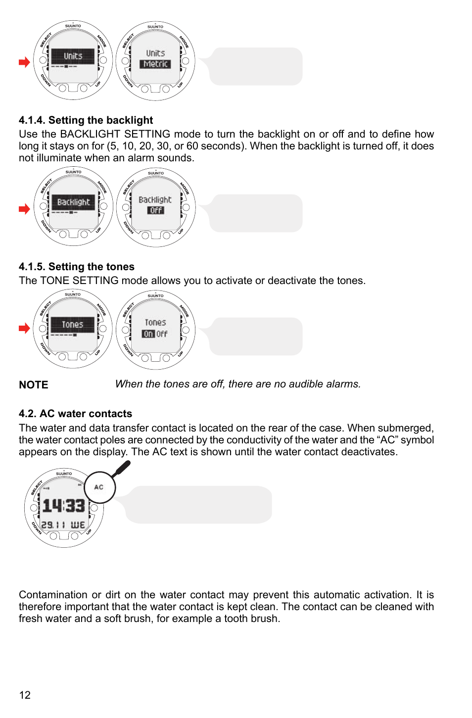 Setting the backlight, Setting the tones, Ac water contacts | 12 4.1.5. setting the tones | SUUNTO HELO2 User Manual | Page 12 / 64