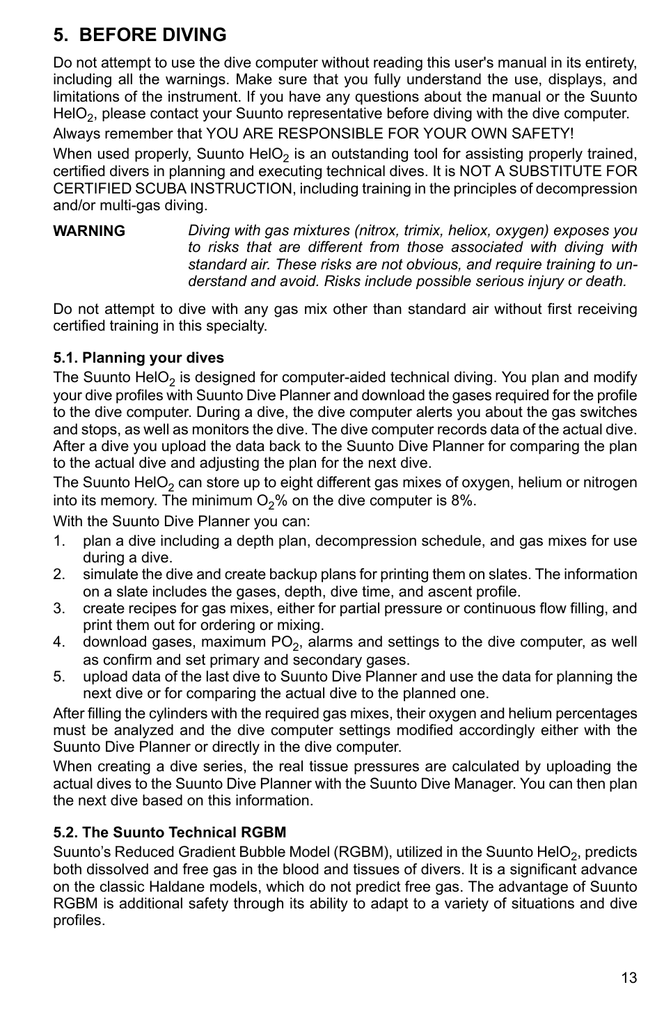 Before diving, Planning your dives, The suunto technical rgbm | 13 5.2. the suunto technical rgbm | SUUNTO HELO2 User Manual | Page 13 / 64