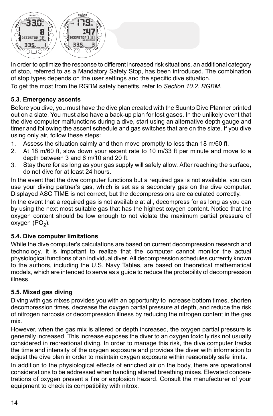 Emergency ascents, Dive computer limitations, Mixed gas diving | 14 5.4. dive computer limitations, 14 5.5. mixed gas diving | SUUNTO HELO2 User Manual | Page 14 / 64