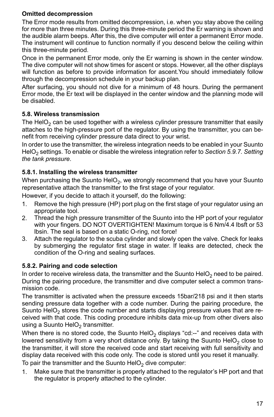 Wireless transmission, Installing the wireless transmitter, Pairing and code selection | 17 5.8.2. pairing and code selection | SUUNTO HELO2 User Manual | Page 17 / 64