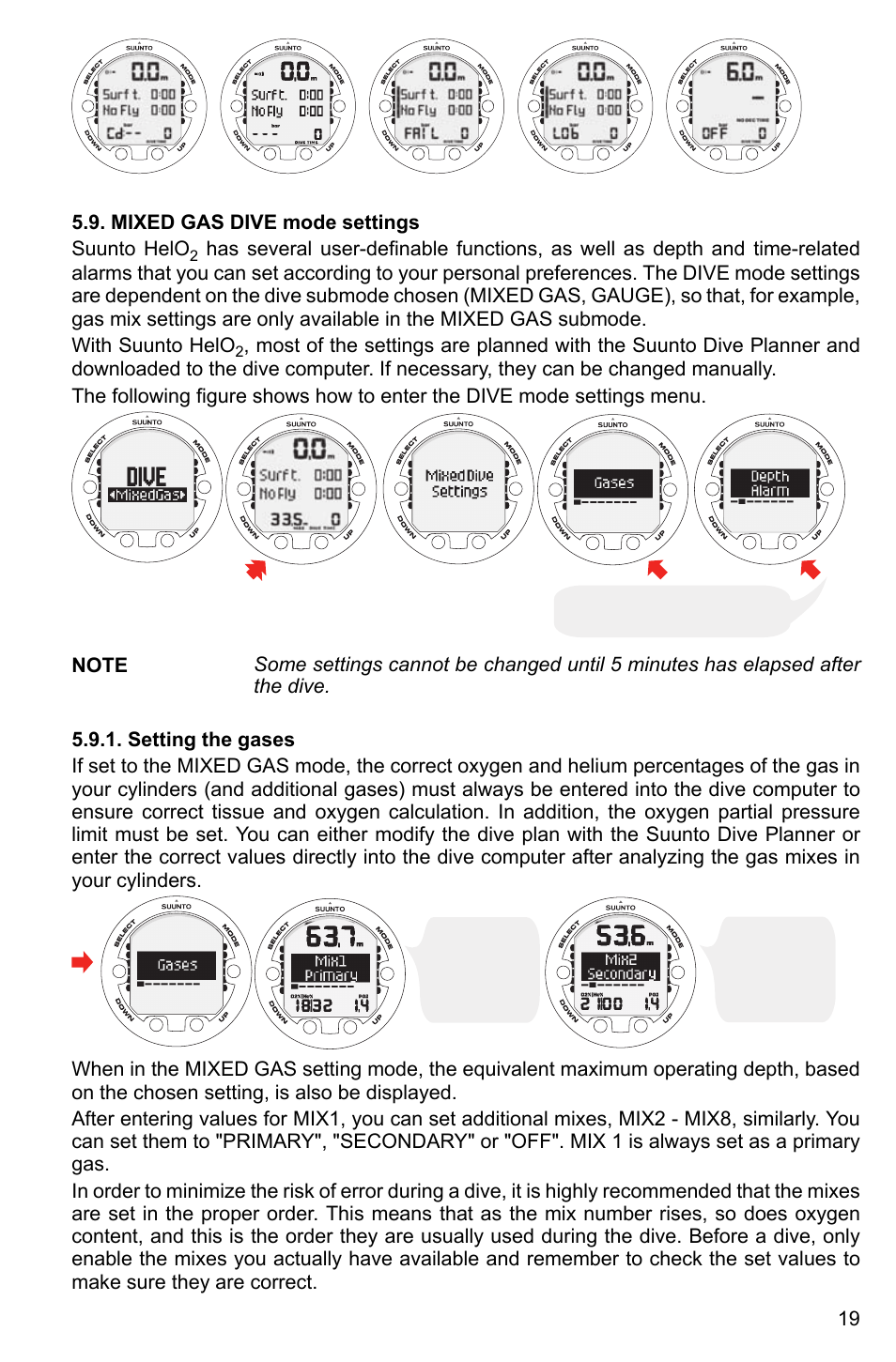 Mixed gas dive mode settings, Setting the gases, Ab c d e | SUUNTO HELO2 User Manual | Page 19 / 64