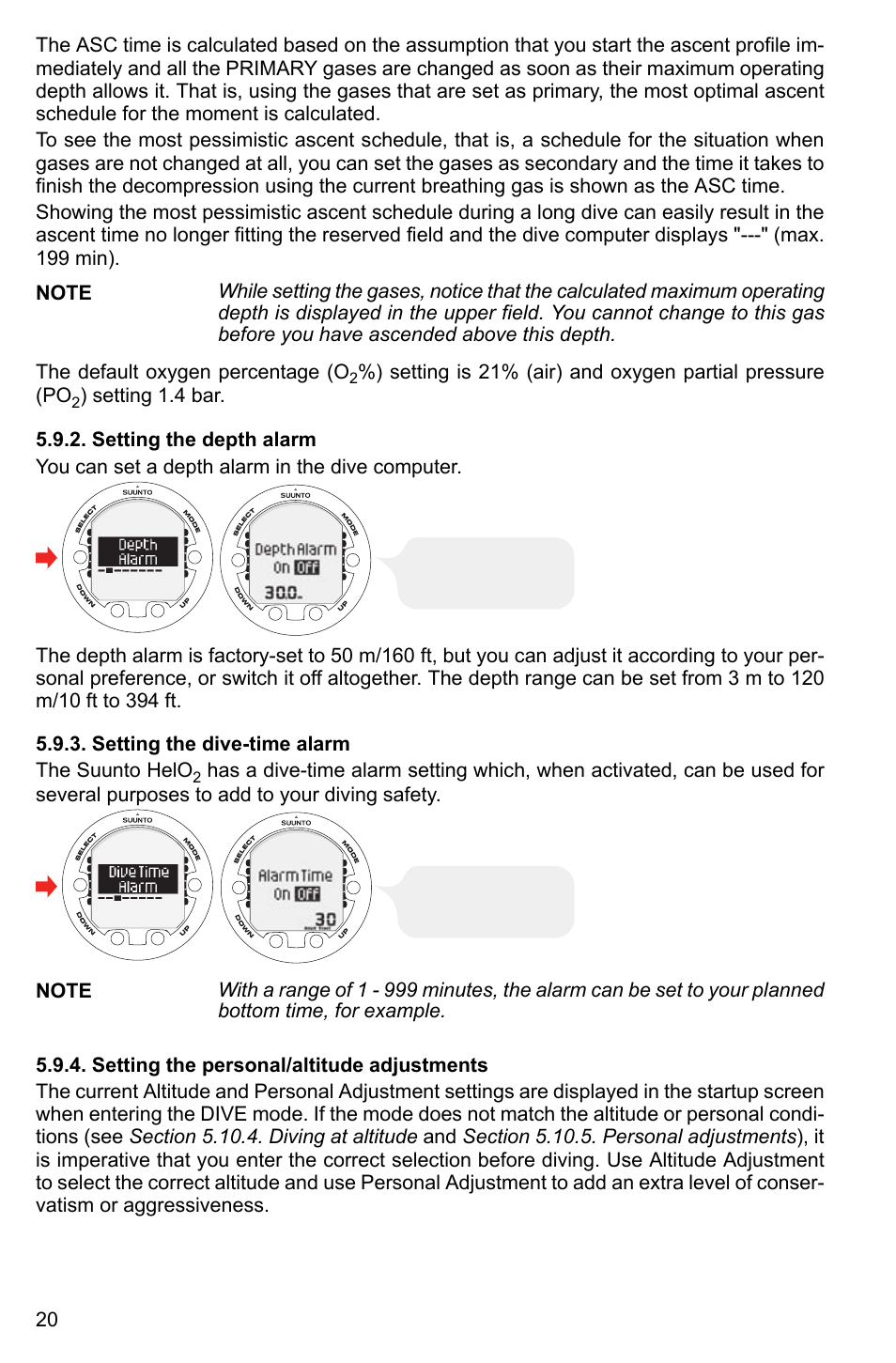 Setting the depth alarm, Setting the dive-time alarm, Setting the personal/altitude adjustments | 20 5.9.3. setting the dive-time alarm | SUUNTO HELO2 User Manual | Page 20 / 64