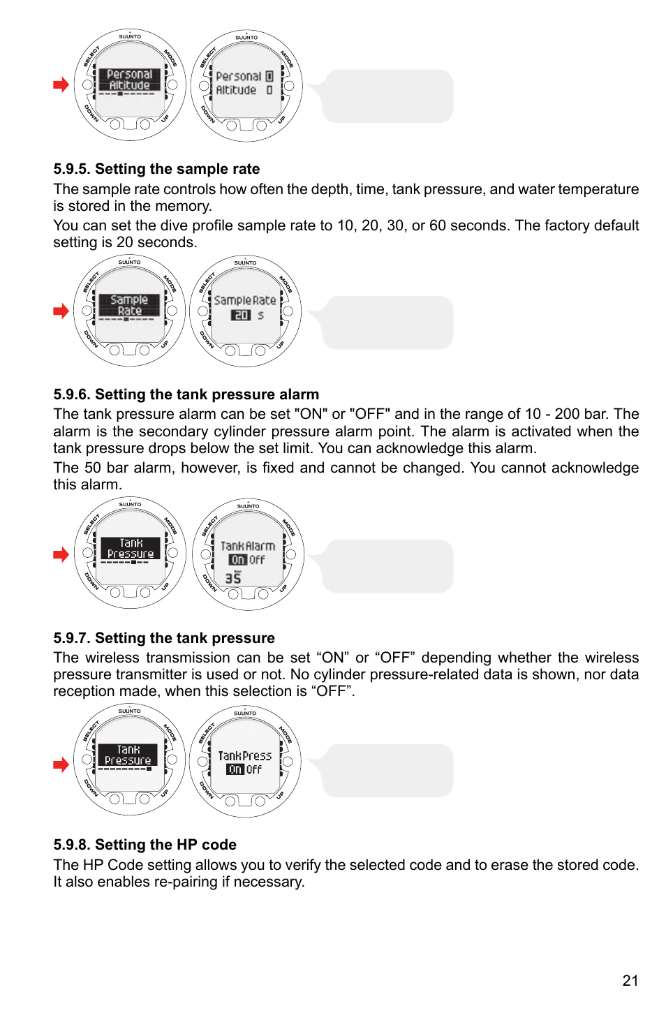 Setting the sample rate, Setting the tank pressure alarm, Setting the tank pressure | Setting the hp code, 21 5.9.6. setting the tank pressure alarm, 21 5.9.7. setting the tank pressure, 21 5.9.8. setting the hp code | SUUNTO HELO2 User Manual | Page 21 / 64