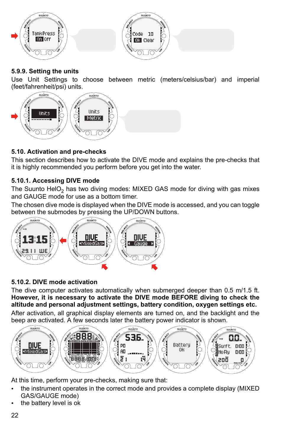 Setting the units, Activation and pre-checks, Accessing dive mode | Dive mode activation, 22 5.10.2. dive mode activation | SUUNTO HELO2 User Manual | Page 22 / 64