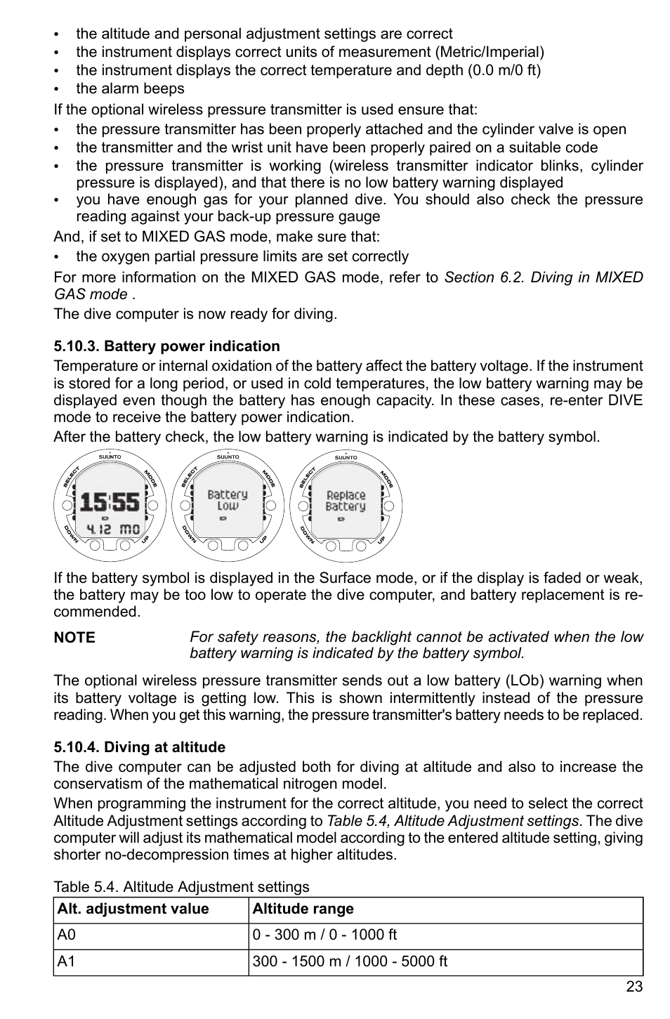 Battery power indication, Diving at altitude, 23 5.10.4. diving at altitude | SUUNTO HELO2 User Manual | Page 23 / 64