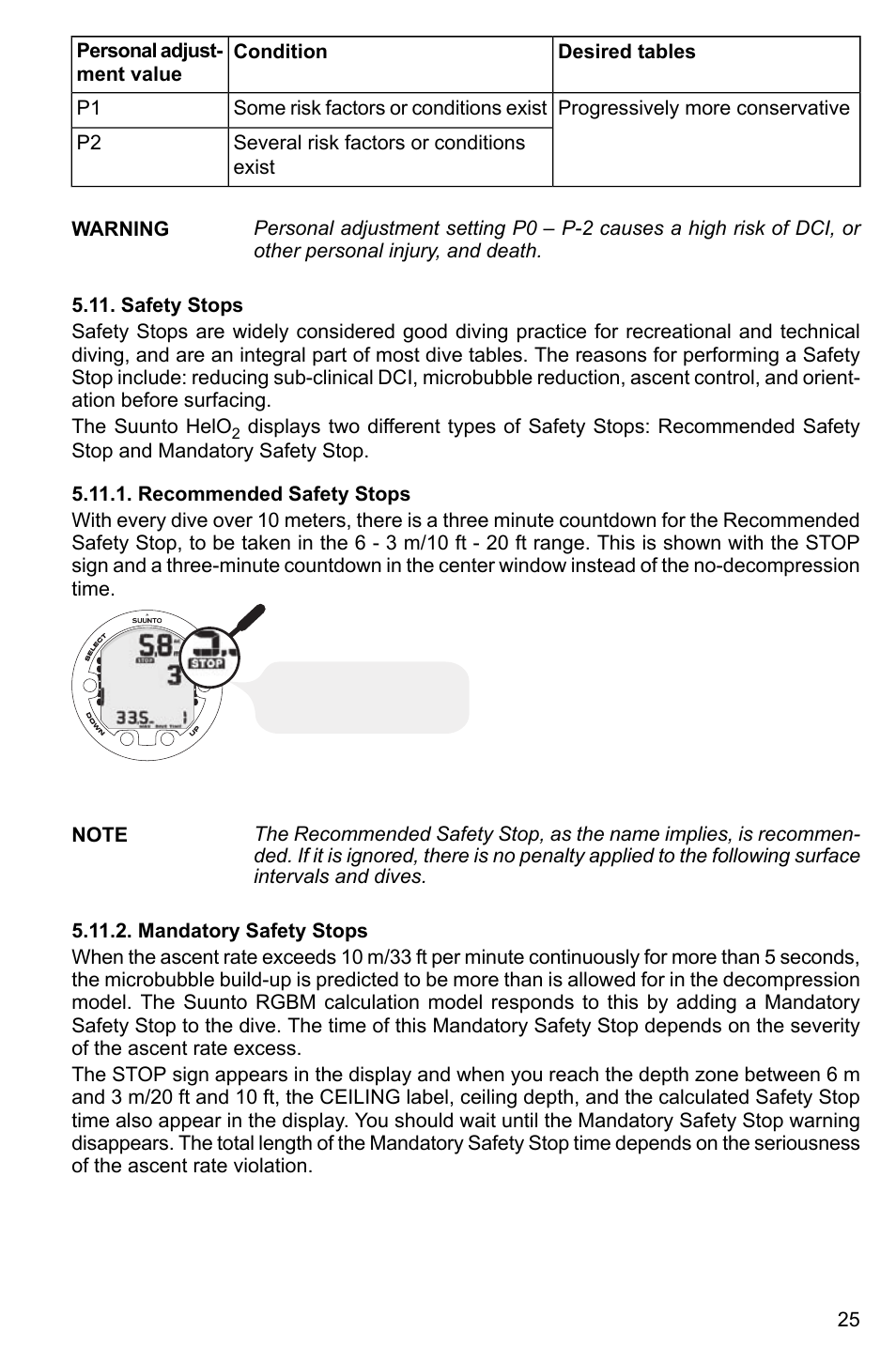 Safety stops, Recommended safety stops, Mandatory safety stops | 25 5.11.2. mandatory safety stops | SUUNTO HELO2 User Manual | Page 25 / 64