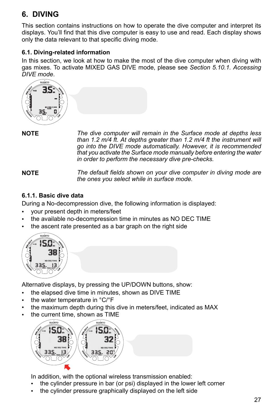 Diving, Diving-related information, Basic dive data | SUUNTO HELO2 User Manual | Page 27 / 64