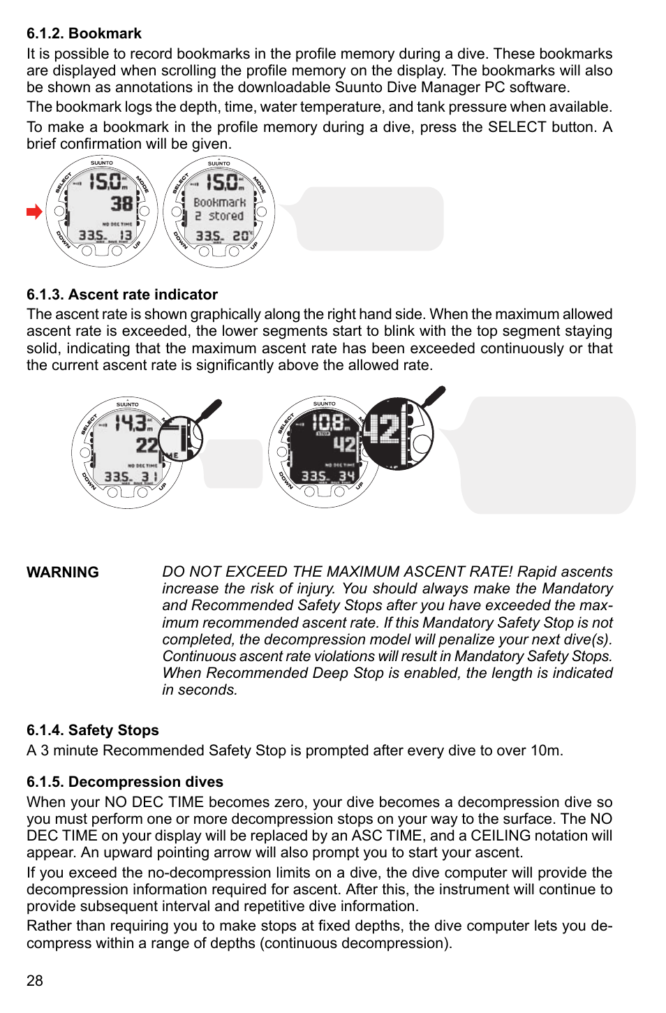 Bookmark, Ascent rate indicator, Safety stops | Decompression dives, 28 6.1.3. ascent rate indicator, 28 6.1.4. safety stops | SUUNTO HELO2 User Manual | Page 28 / 64