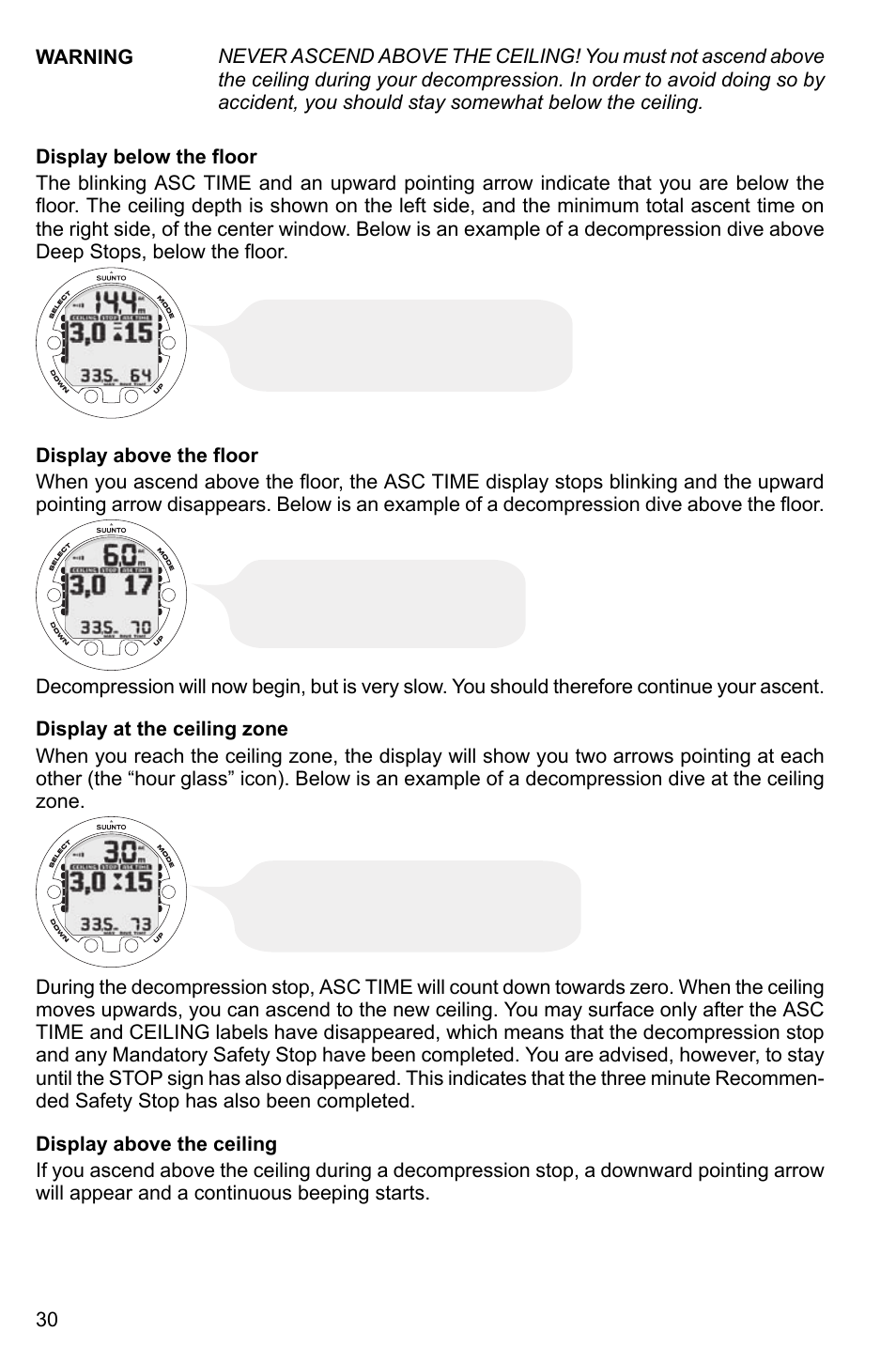 Display below the floor, Display above the floor, Display at the ceiling zone | Display above the ceiling | SUUNTO HELO2 User Manual | Page 30 / 64