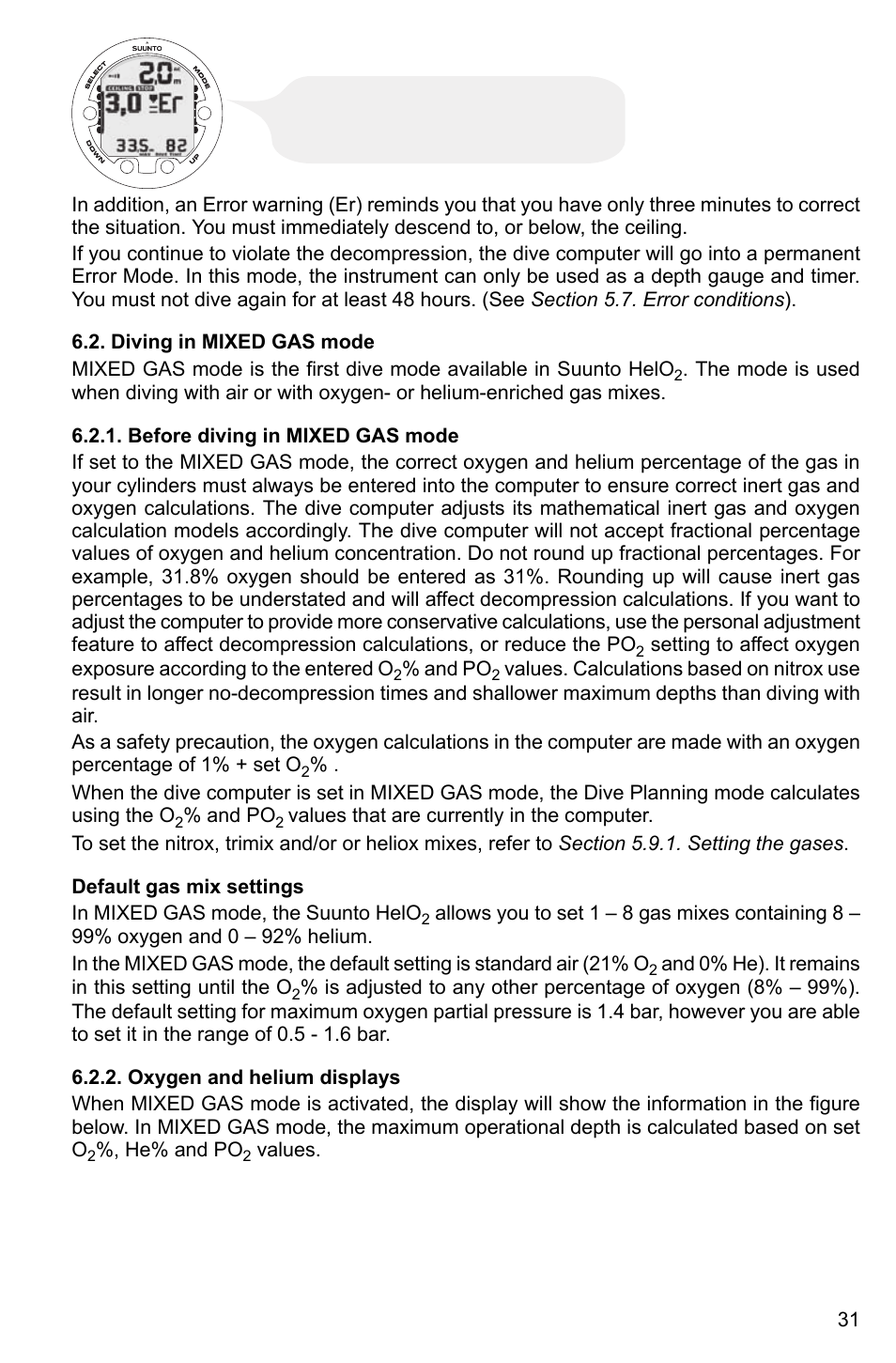 Diving in mixed gas mode, Before diving in mixed gas mode, Default gas mix settings | Oxygen and helium displays, 31 6.2.2. oxygen and helium displays | SUUNTO HELO2 User Manual | Page 31 / 64