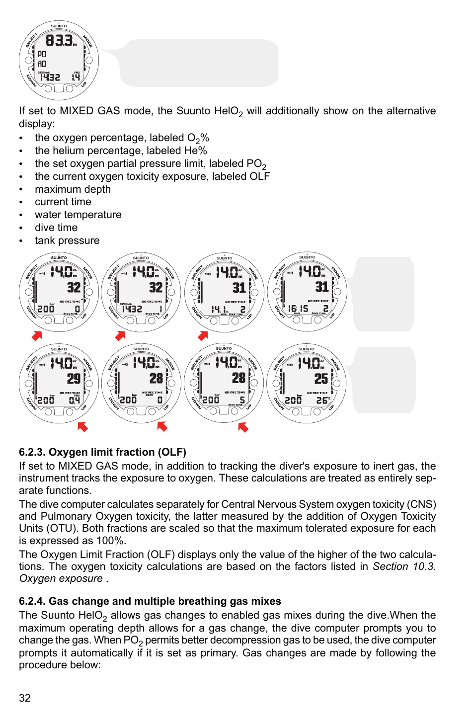 Oxygen limit fraction (olf), Gas change and multiple breathing gas mixes | SUUNTO HELO2 User Manual | Page 32 / 64