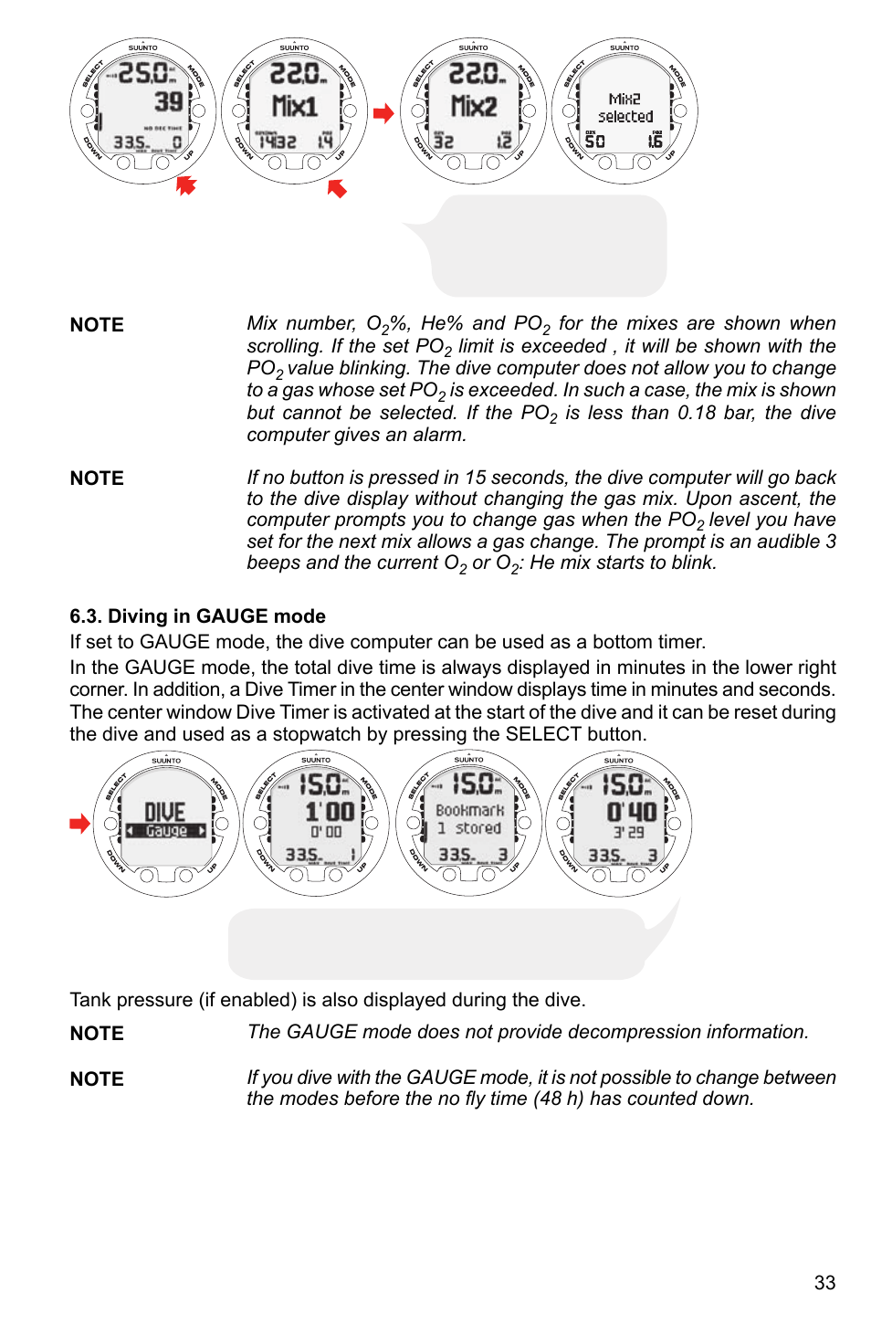 Diving in gauge mode | SUUNTO HELO2 User Manual | Page 33 / 64