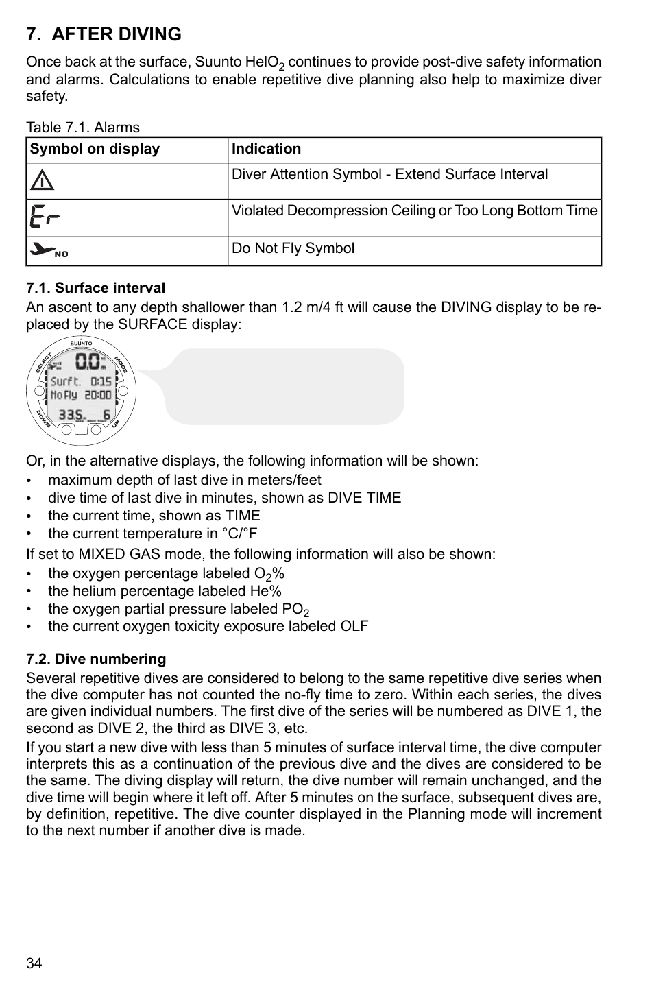 After diving, Surface interval, Dive numbering | 34 7.2. dive numbering | SUUNTO HELO2 User Manual | Page 34 / 64