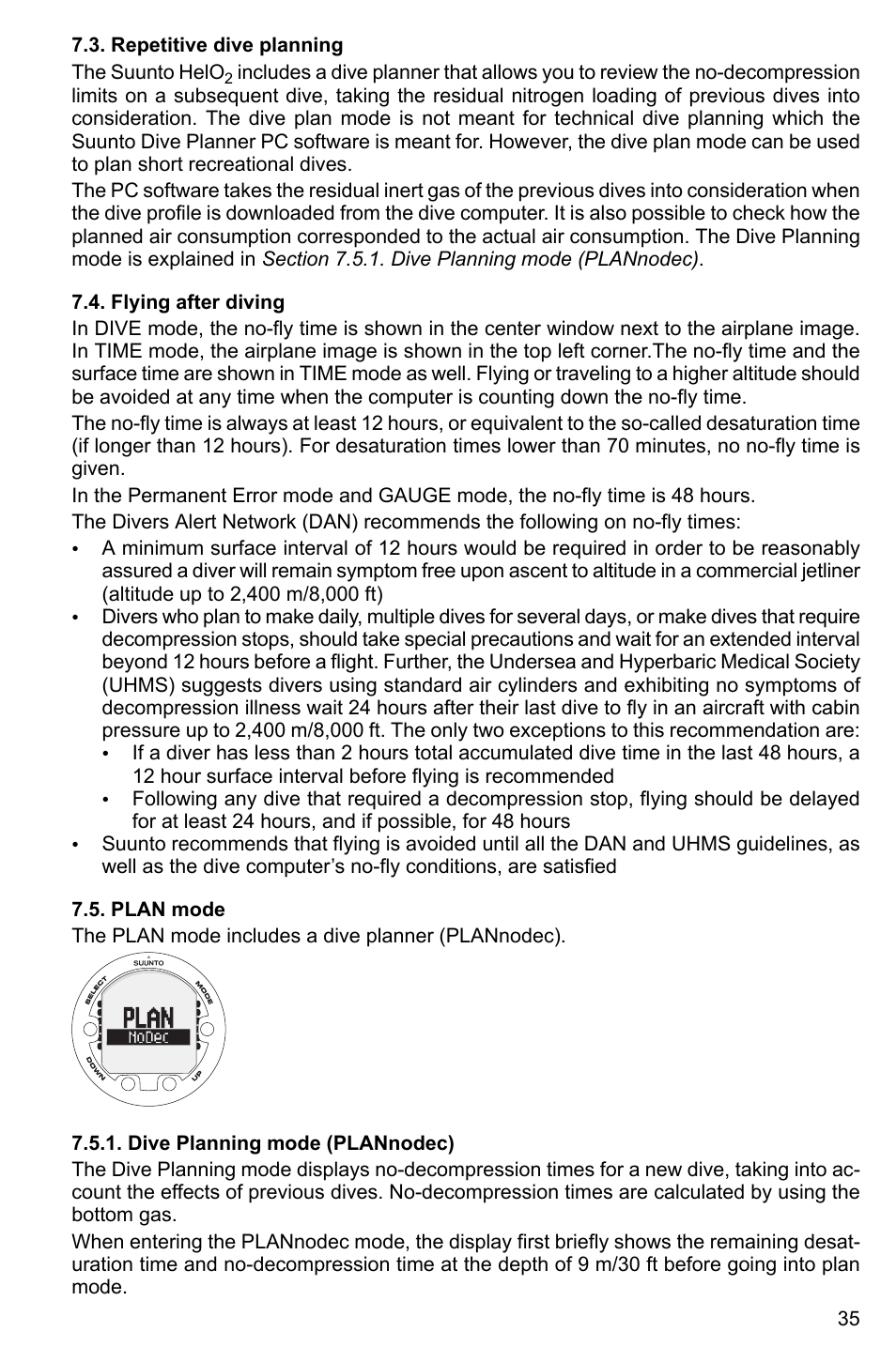 Repetitive dive planning, Flying after diving, Plan mode | Dive planning mode (plannodec), 35 7.4. flying after diving, 35 7.5. plan mode | SUUNTO HELO2 User Manual | Page 35 / 64