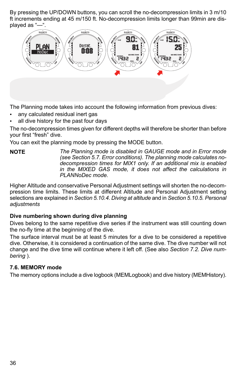 Dive numbering shown during dive planning, Memory mode | SUUNTO HELO2 User Manual | Page 36 / 64