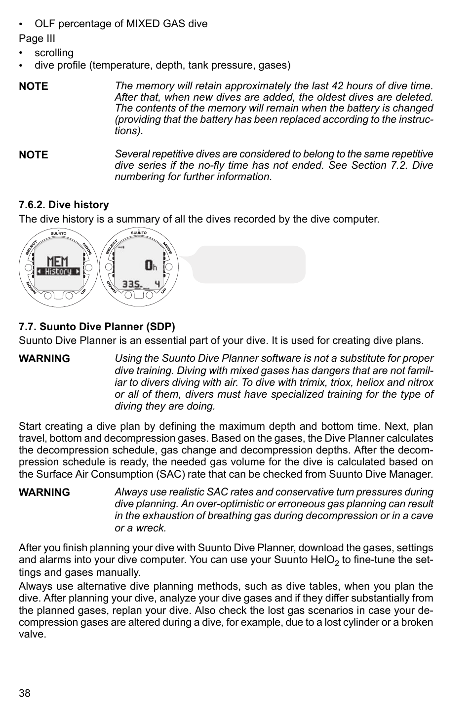 Dive history, Suunto dive planner (sdp) | SUUNTO HELO2 User Manual | Page 38 / 64