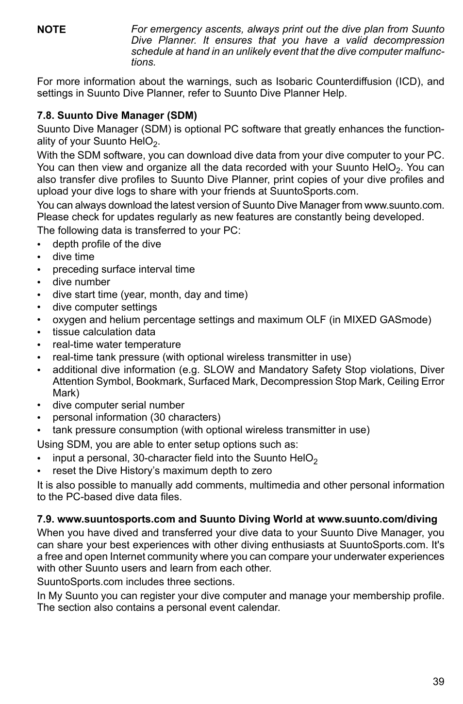 Suunto dive manager (sdm) | SUUNTO HELO2 User Manual | Page 39 / 64