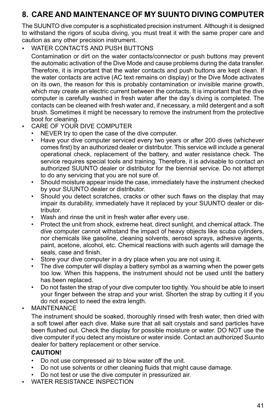 Care and maintenance of my suunto diving computer | SUUNTO HELO2 User Manual | Page 41 / 64