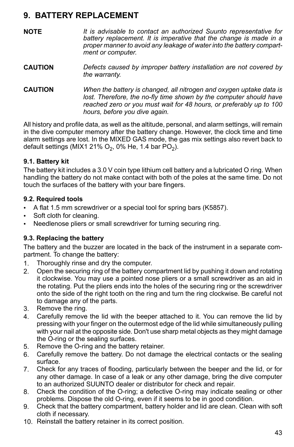 Battery replacement, Battery kit, Required tools | Replacing the battery, 43 9.2. required tools, 43 9.3. replacing the battery | SUUNTO HELO2 User Manual | Page 43 / 64