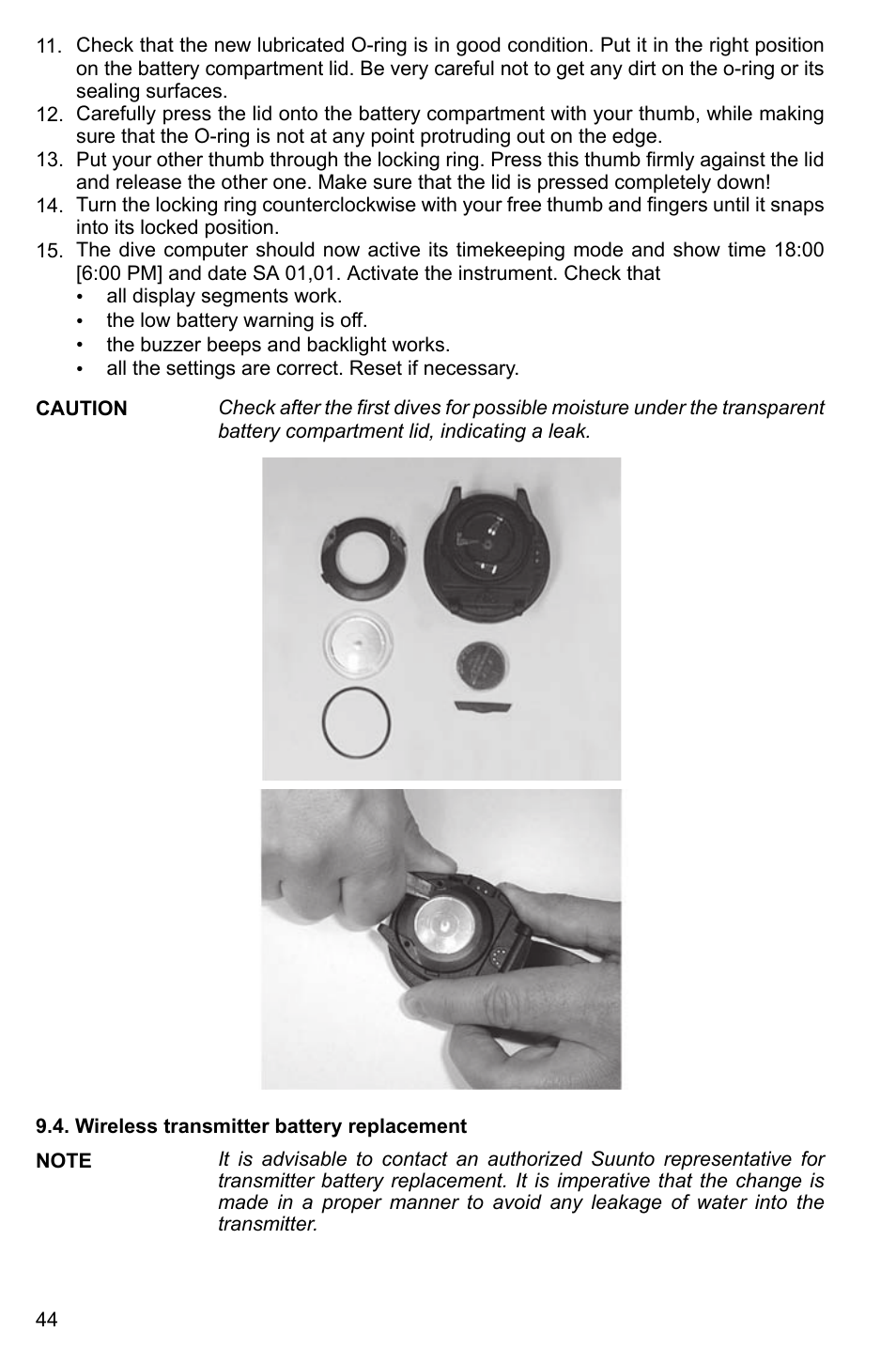 Wireless transmitter battery replacement, Battery battery retainer | SUUNTO HELO2 User Manual | Page 44 / 64