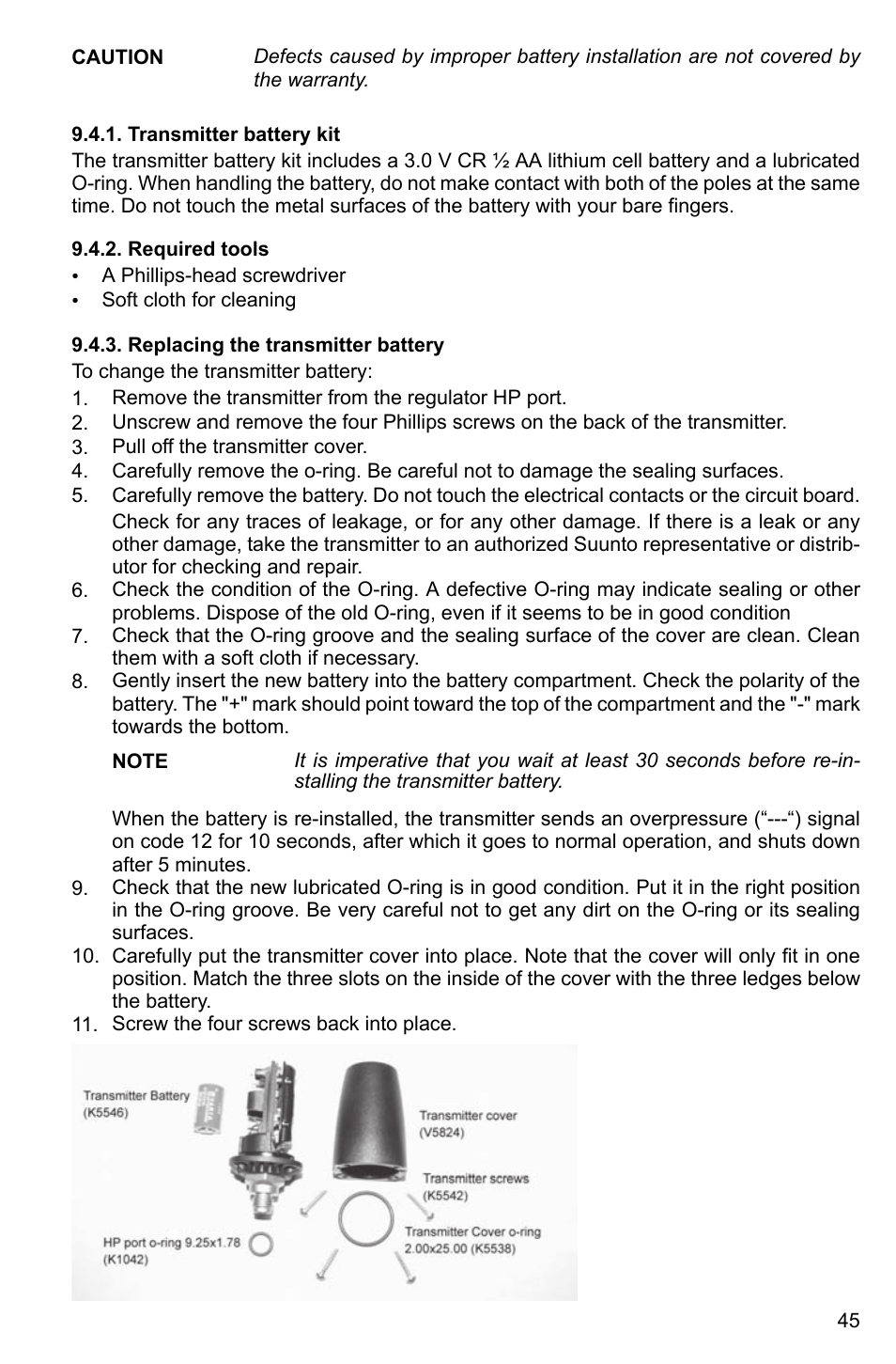 Transmitter battery kit, Required tools, Replacing the transmitter battery | 45 9.4.2. required tools, 45 9.4.3. replacing the transmitter battery | SUUNTO HELO2 User Manual | Page 45 / 64