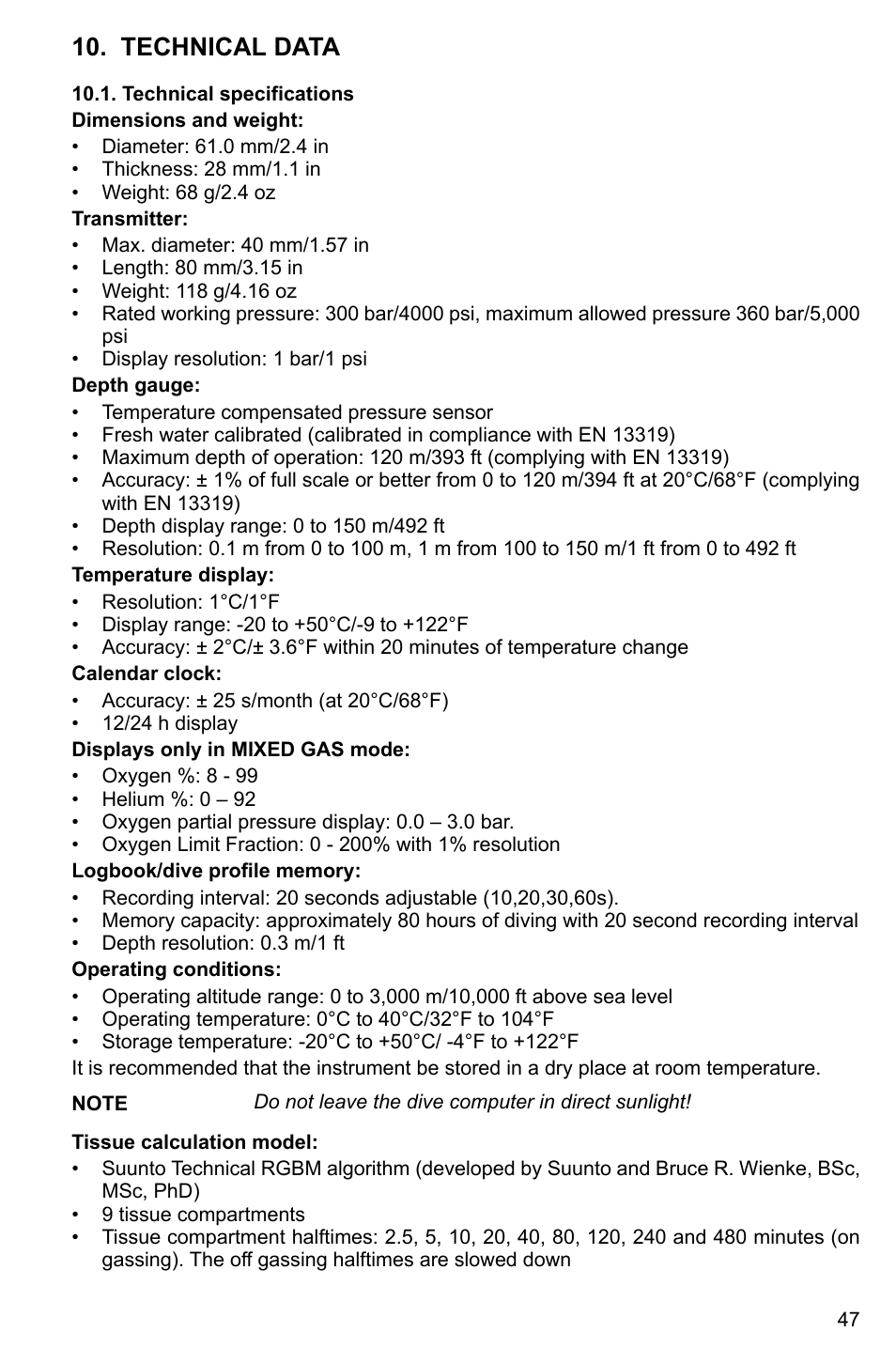 Technical data, Technical specifications | SUUNTO HELO2 User Manual | Page 47 / 64