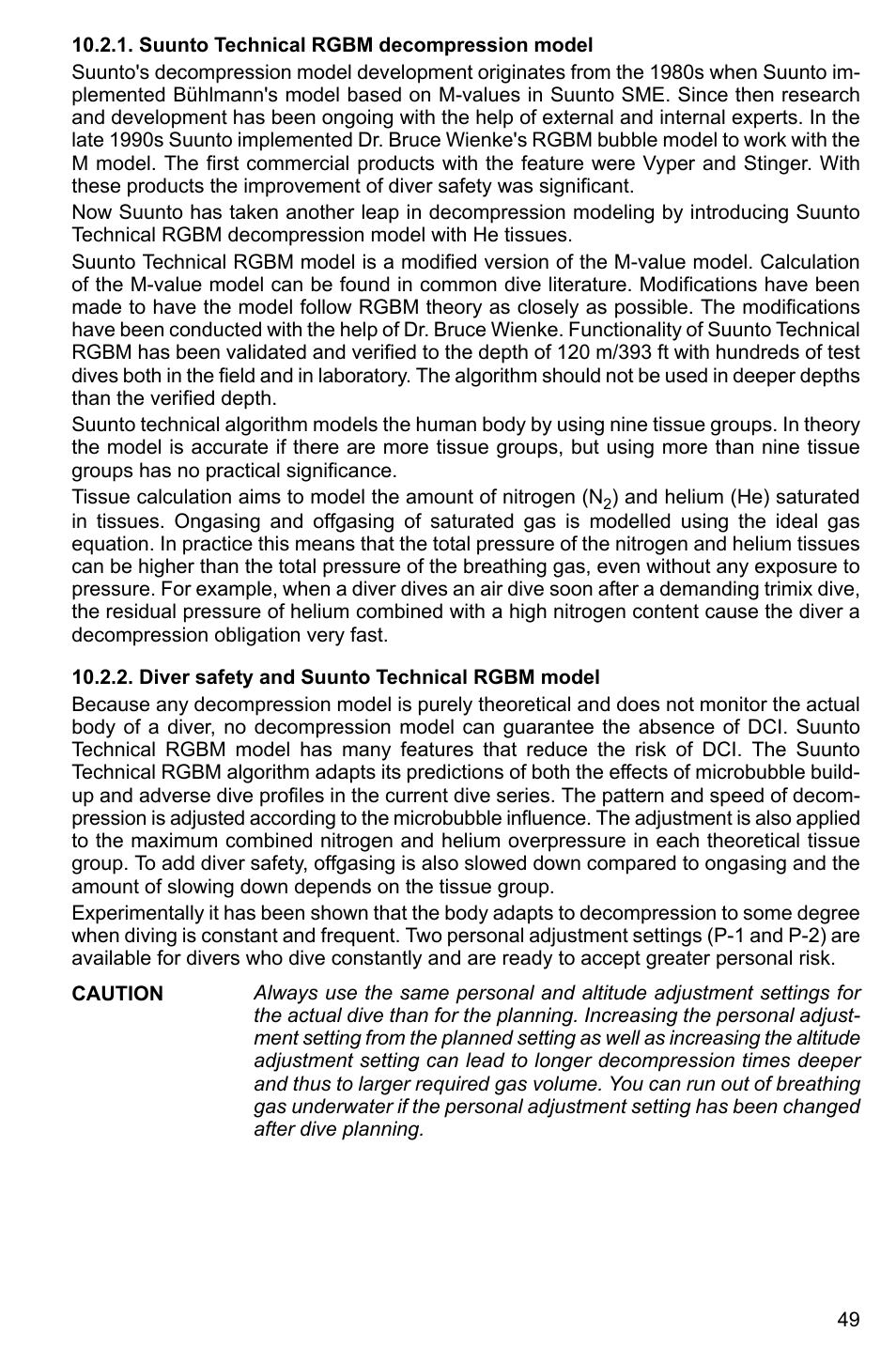Suunto technical rgbm decompression model, Diver safety and suunto technical rgbm model | SUUNTO HELO2 User Manual | Page 49 / 64