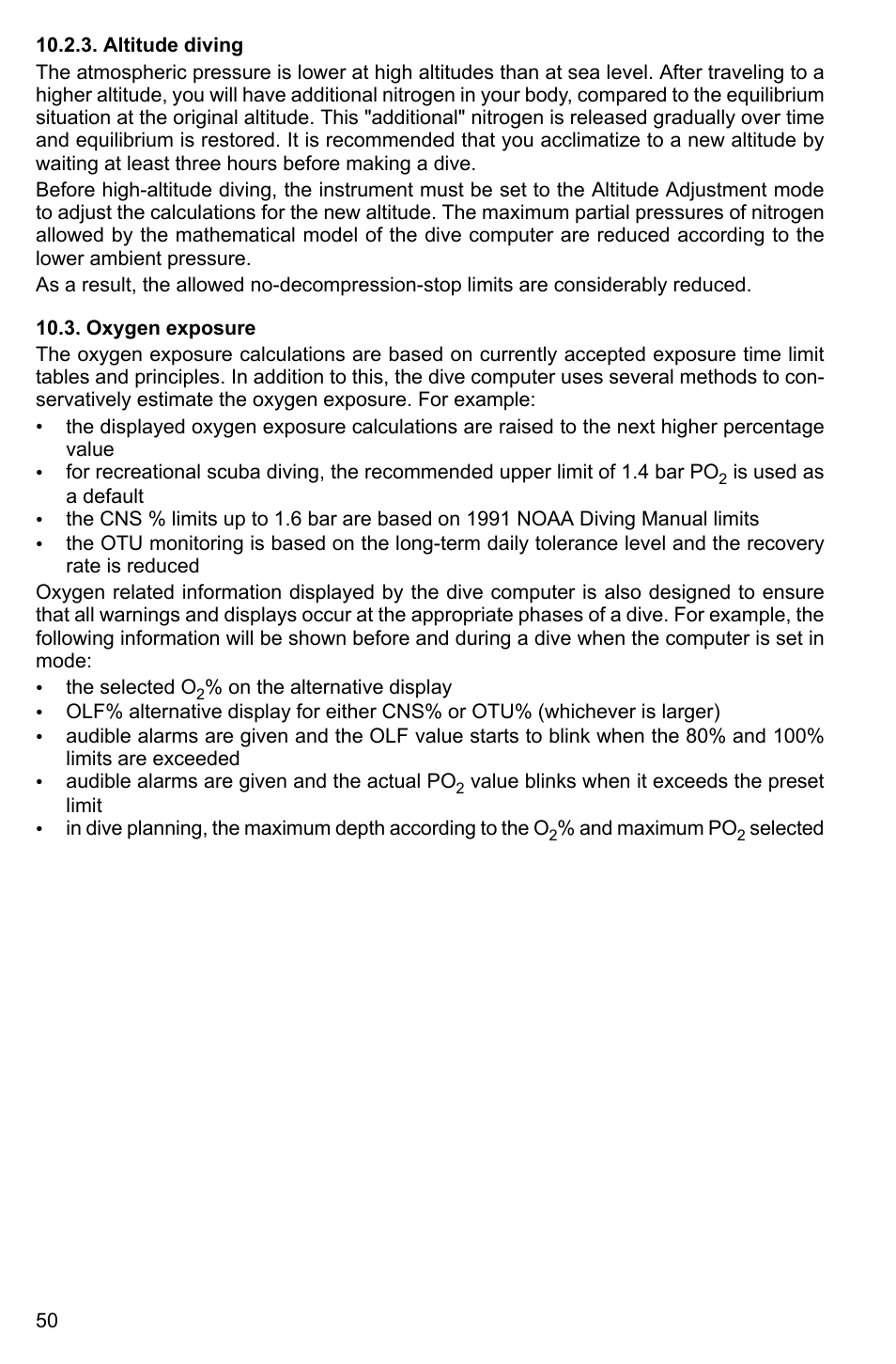 Altitude diving, Oxygen exposure | SUUNTO HELO2 User Manual | Page 50 / 64