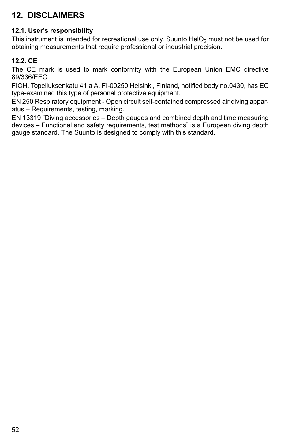 Disclaimers, User’s responsibility, 52 12.2. ce | SUUNTO HELO2 User Manual | Page 52 / 64