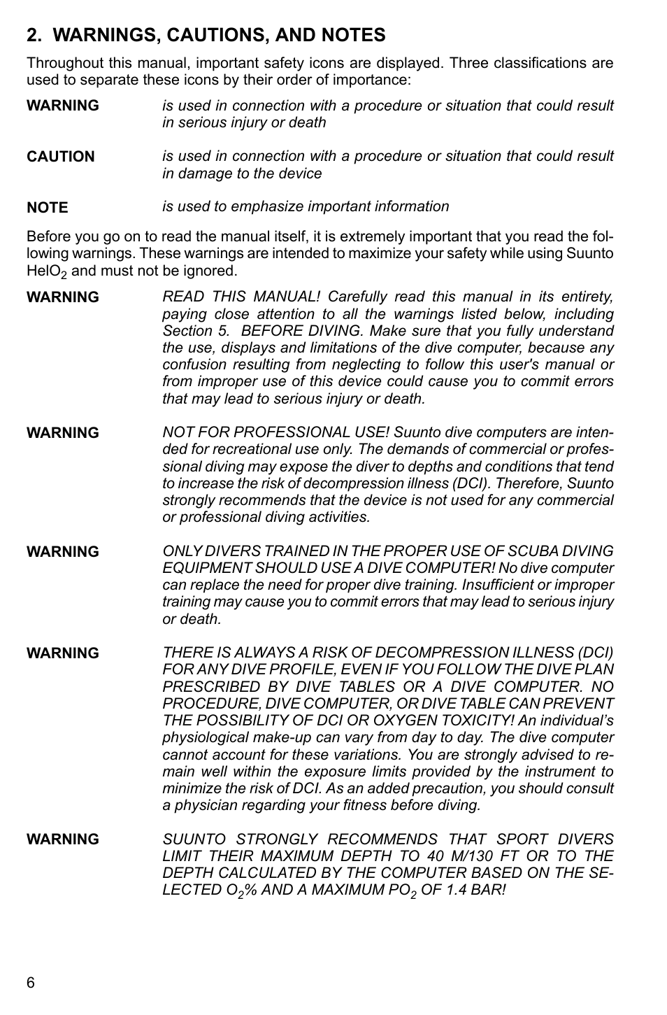 Warnings, cautions, and notes | SUUNTO HELO2 User Manual | Page 6 / 64