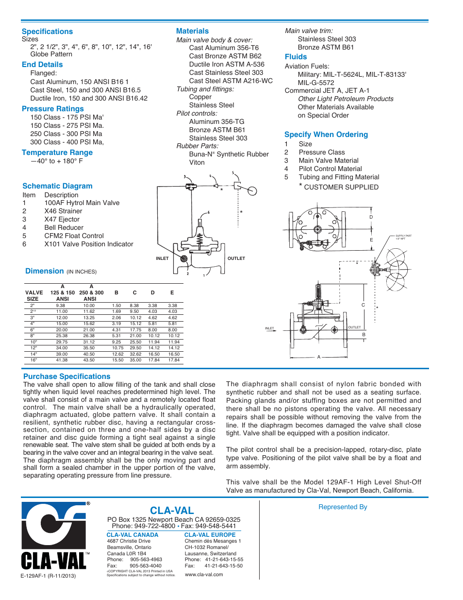 Cla-val, Fluids, Schematic diagram | Purchase specifications, Materials, Specifications, End details, Pressure ratings, Temperature range, Specify when ordering | Cla-Val 129AF-1 User Manual | Page 2 / 2