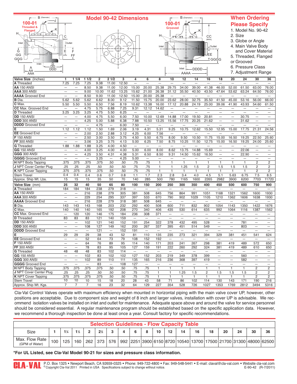 Cla-val, When ordering please specify, Selection guidelines - flow capacity table | Model 90-42 dimensions, Size, Max. flow rate | Cla-Val 90-42 User Manual | Page 2 / 2