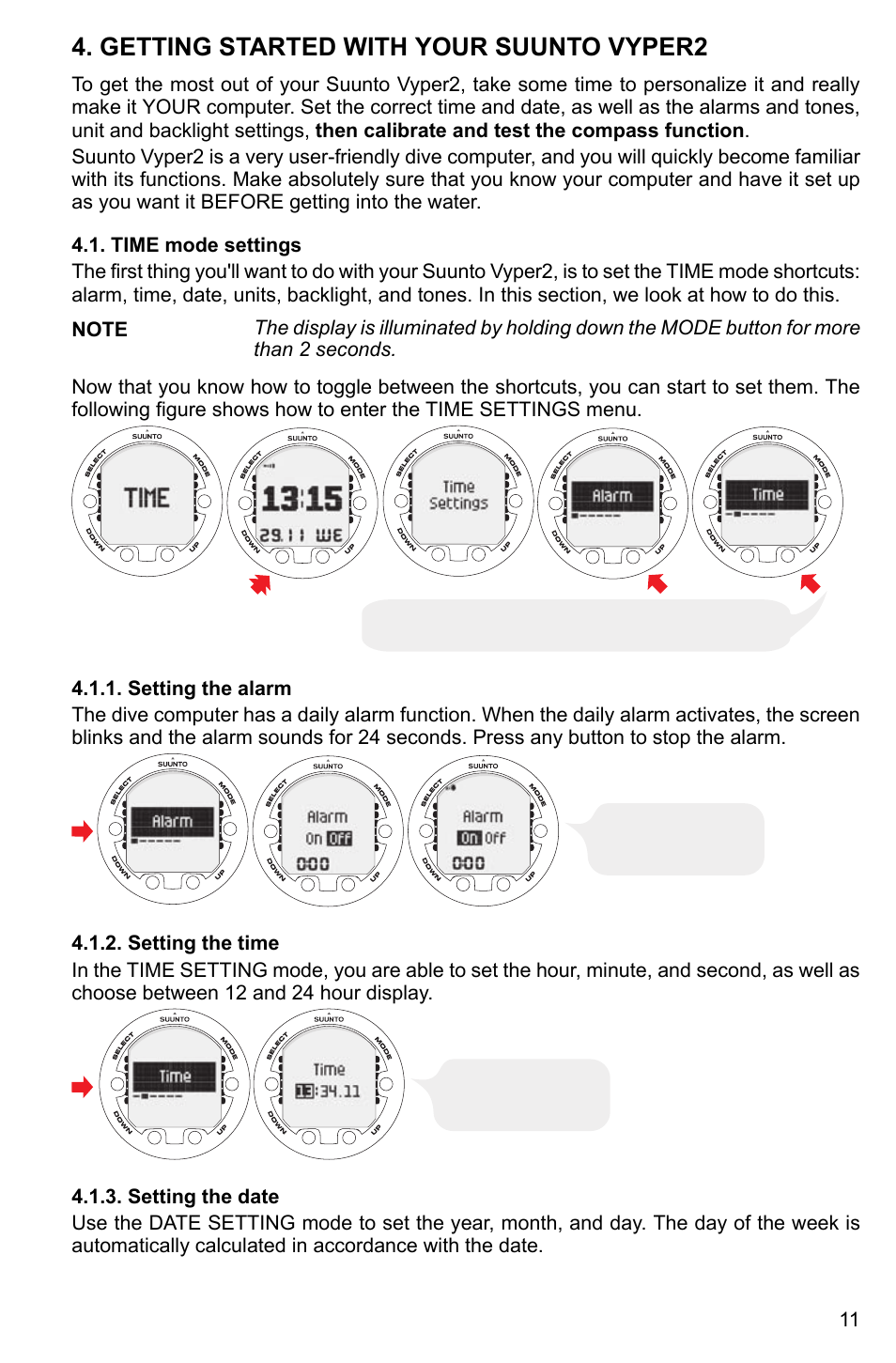 Getting started with your suunto vyper2, Time mode settings, Setting the alarm | Setting the time, Setting the date, 11 4.1.2. setting the time, 11 4.1.3. setting the date | SUUNTO Vyper2 User Manual | Page 11 / 55